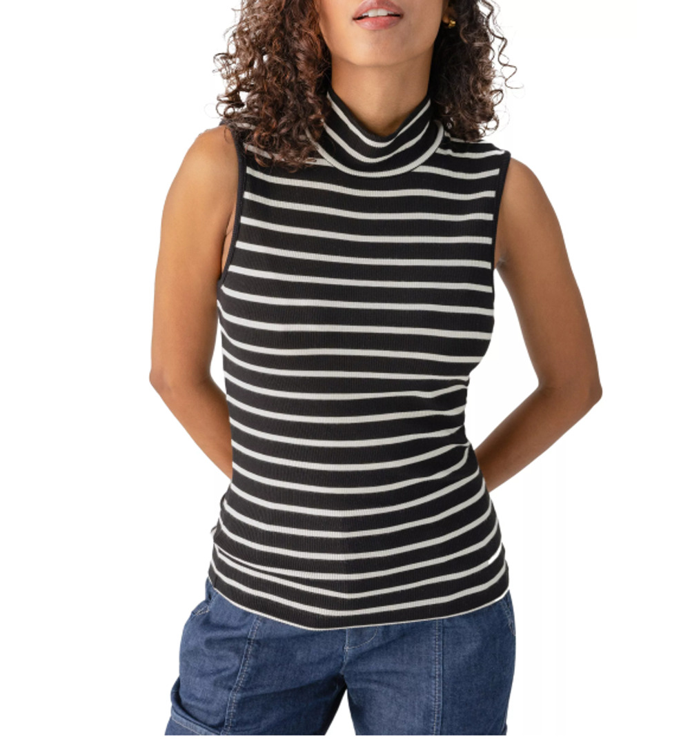 SANCTUARY TOP WOMENS XSMALL SLEEVELESS STRIPE MOCK NECK T-SHIRT BLACK NEW
